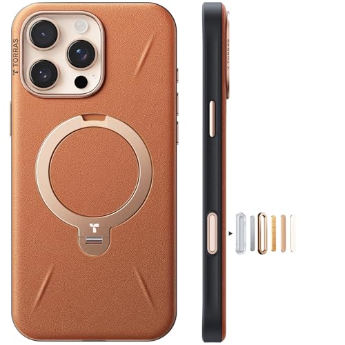 TORRAS 360° Ostand Q3 VegSkin for iPhone 16 Pro Case with Magsafe, 12FT Military Grade Protective | 360° Full-Range Mount for iPhone 17 Pro Cover with Camera Control & Stylish Brown