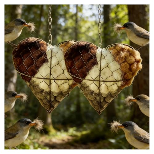 NUSQO Handmade Alpaca Fiber Bird Nesting Heart, Refillable Bird Nesting Material Holder, Dual-Season Outdoor Hummingbird Shelter for Garden Yard, for Bird Lovers (2)
