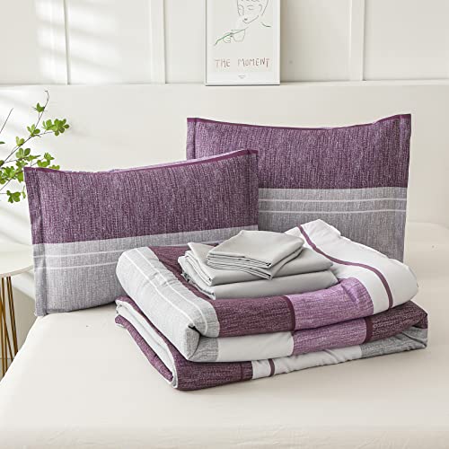 Flymme Striped Patchwork Bed In A Bag 7 Pieces,Purple White Grey Stripe Pattern Queen Comforter Set With Sheets, Soft Lightweight Bedding Sets Collections For All Season (Purple 90''X 90'') #TOP6