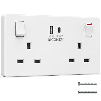 Double Socket with USB C, 2 Gang Wall Socket, Fast Charge PD20W QC3.0