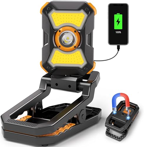 Adelante W3 Rechargeable Work Light with Clamp 2100 Lumens 4000mAh 10Hours LED Work Light with Magnet Base 7 Modes 360 Rotation IPX4 Waterproof for Job Site Workshop Emergency Car Repairing