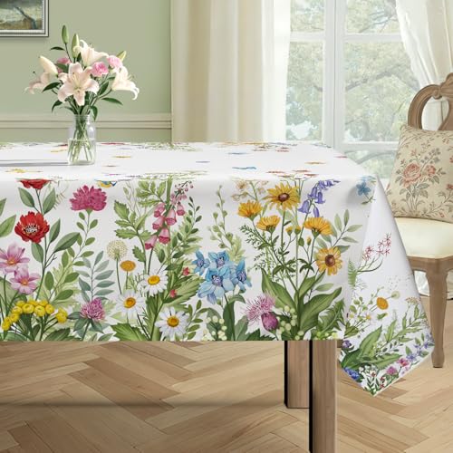 hometrixx Primavera Mantel Rectangular Antimanchas Retro Flores Hojas Mariposas Manteles Lavable Poliéster Impermeable Cubre Mesas Hule para Comedor Cocina Cumpleaños Festivosr, 152x264 cm Verde