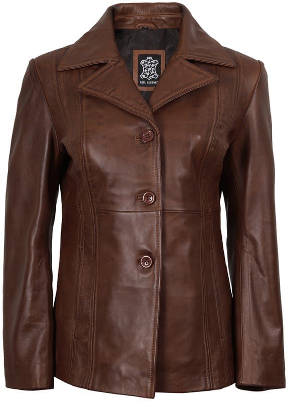 Blingsoul Disc Brown Womens Leather Blazer - Real Leather Jacket Coat For Women | [1304955] Bitonto Brown, XL
