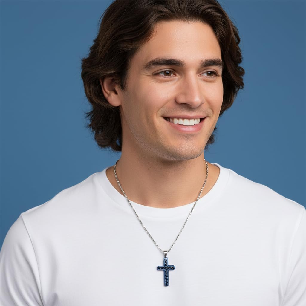 Nautica Blue Carbon Fiber Black Cross Necklace for Men Stainless Steel 24 Inches
