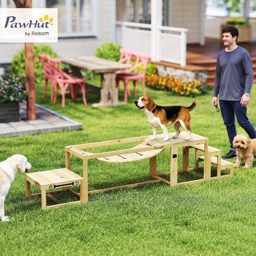 PawHut Agility Set Hunde 3-teiliges Set Agility-Ausrüstung mit Brücke, Treppe, Plattform, Hundetraining aus Tannenholz für mittelgroße, große Hunde bis 40 kg, Naturholz