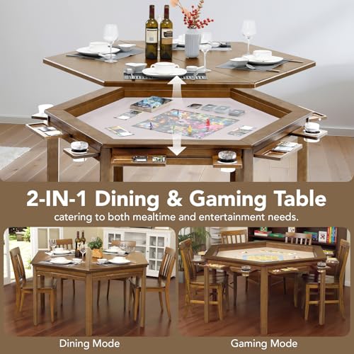 janiry Board Game Table with Removable Table Top Seats 4 to 6 Players Hexagonal Solid Wood Dining and Gaming Table Includes Play Mat, Detachable Cup Holders & Trays (Light Walnut)