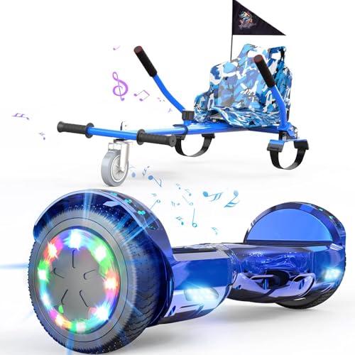Hoverboards con Kart, 6,5' Hoverboards con Asiento, Hoverboards con Silla para Niños y Adultos, Batería 4 AH, Hoverboards con Música Bluetooth y Luces LED, 7KG Hover Board con Hoverkart 5,6KG