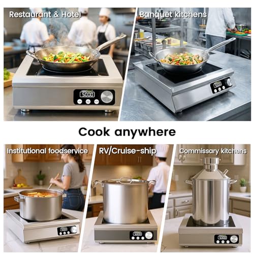 Image of 5000W Commercial Induction Cooktop, Hardwired 208V 3-Phase | Large 9.25-In Pure Copper Coil, Hardwired Commercial Induction Range for Restaurants & Institutional Foodservice