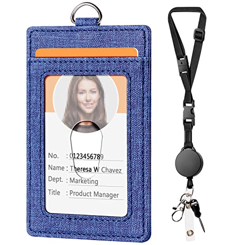 Leather Badge Holder and Adjustable Retractable Lanyards, Denim Blue