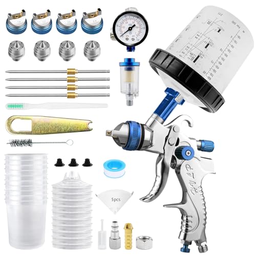 Image of RRJ HVLP Spray Gun Kit, 650ml Mixing Cup& 10x Disposable Cups and Lids, Paint Gun Automotive with 1.4 /1.7 /2.0 /2.5mm Nozzles, Paint Guns for House Painting, Car, Furniture, Fence, DIY