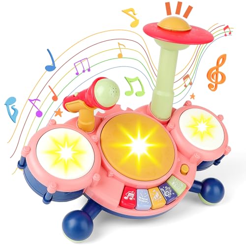 deAO Tambor Infantil Juguetes con Tambores, Platillos, Micrófonos, Luces Musicales,Instrumentos Musicales Infantiles Juguetes,Bateria Musical Bebe