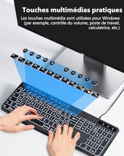 OMOTON Clavier Rétro-éclairé AZERTY, Clavier Filaire avec Grande Touches et pavé Numérique, Keyboard Facile à Lire Compatible PC Windows pour Les Malvoyants, Seniors, Enfants, Bureau et Usage – vue 8