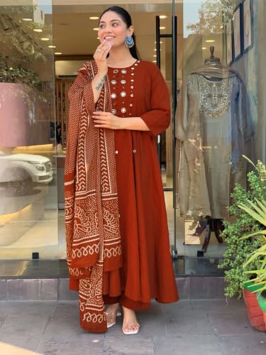Image of ANNI Designer Kurta Set for Women Viscose Embroidered | A-Line Kurta Palazzo Dupatta Set for Woman | 3 /4 Sleeve Round Neck 3 Piece Ethnic Dress Stylish Coord Outfit Trendy Womens Clothing