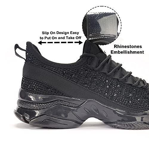 Belos Women's Fashion Rhinestone Mesh Knit Slip On Sneaker Breathable Glitter Walking Shoes(Black,8.5) #TOP4