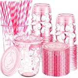 LemonRoad 50 Sets 16oz Halloween Ghost Disposable Plastic Cups with Lids & Straws, Pink Clear U-shaped Drinking Glasses Party Favors for Halloween Party, Iced Coffee, Smoothies, Juice & More Pet Mugs