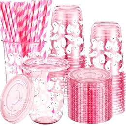 LemonRoad 50 Sets 16oz Halloween Ghost Disposable Plastic Cups with Lids & Straws, Pink Clear U-shaped Drinking Glasses Party Favors for Halloween Party, Iced Coffee, Smoothies, Juice & More Pet Mugs