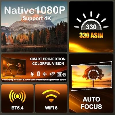 WOOPKER Upgraded HY260 Pro Mini Projector with WiFi and Bluetooth 5.4, Auto Focus/Keystone,Native 1080P Support for 4K,Air Mouse Remote,Android 11,Built in Apps,35-150 Screen Video Projector