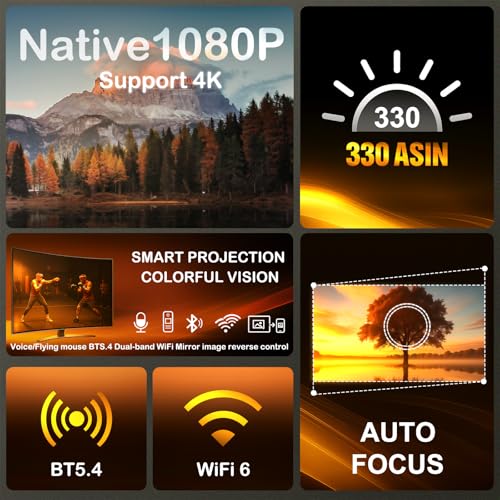 Image of WOOPKER Upgraded HY260 Pro Mini Projector with WiFi and Bluetooth 5.4, Auto Focus /Keystone,Native 1080P Support for 4K,Air Mouse Remote,Android 11,Built in Apps,35 inch-150 inch Screen Video Projector