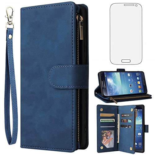 Asuwish Compatible with Samsung Galaxy S4 Wallet Case Tempered Glass Screen Protector and Leather Flip Cover Card Holder Cell Accessories Phone Cases for Glaxay S 4 Gaxaly 4S Galaxies GS4 I9500 Blue