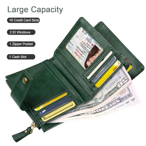 Image of Women Wallet Bifold RFID Blocking Small Credit Card Holder Leather Wallets Cards Case Ladies Purse with Zipper, Dark Green Flowers