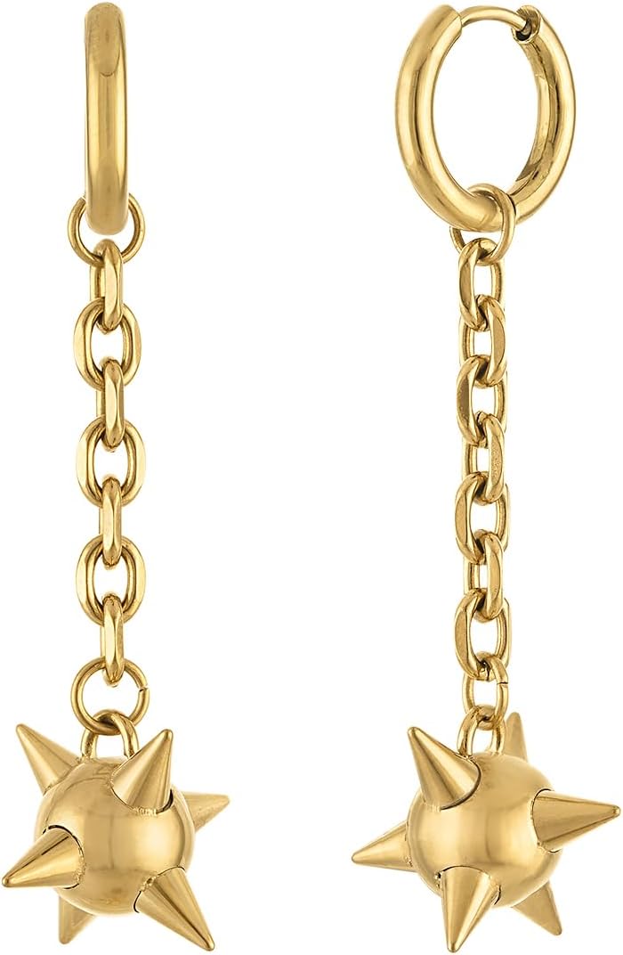 Stainless Steel Flail Earrings, Waterproof Chain Drop Earrings with Morning Star Charm, Goth Alternative Style