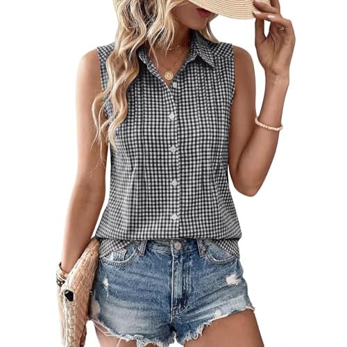 LOMON Women’s Summer Sleeveless Button Down Shirt Office Collared Blouses with Pleated Front Casual Basic Tank Tops
