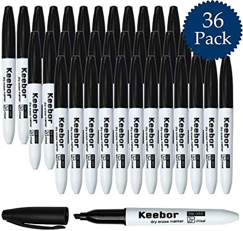 Keebor Basic Low Odor Dry Erase Markers Chisel Tip Black Whiteboard Markers, 36 Packs