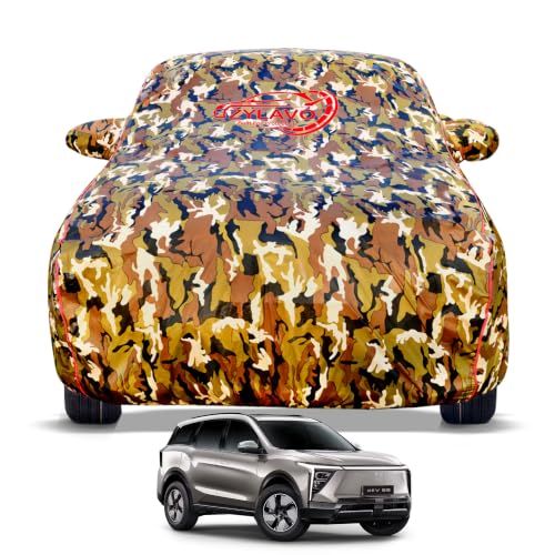 Image of Premium Car Cover for XEV 9S Model | Waterproof, UV & Dust Protection | Mirror & Antenna Pocket | Triple Stitched, Soft Inner Lining, Belt & Buckle (Jungle Print)