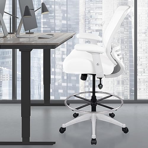 Image of BOLISS 400lbs Mesh Ergonomic Drafting Chair,Tall Office Chair, Standing Desk Chair,Height Adjustable Armrest,Lumbar Support,Foot Ring,Swivel Computer Task Chair-Wht