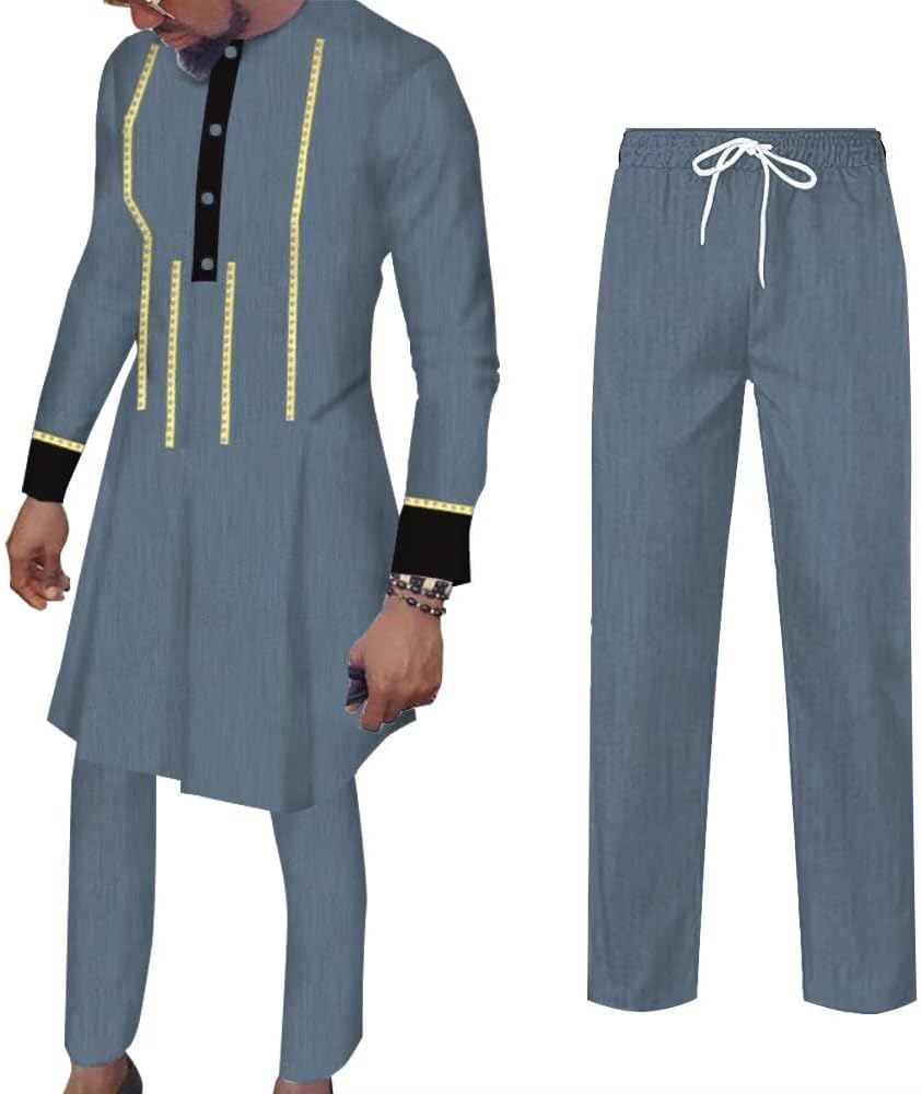 Dashiki Suits for Men - African Clothes Long Sleeve Top and Pants 2 Piece Sets Mens Outfits for Wedding
