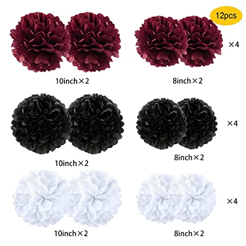 Decorations 2026 Maroon Graduation/Burgundy black White Birthday Decorations for Women 40th/50th Birthday 12pcs Tissue Paper Pom Poms Maroon Burgundy black Wedding/Bridal Shower Retirement Decorations by JIANGCHENG - Image 2