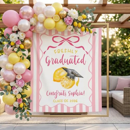 Personalized Lemon Graduation Banner 2026 Freshly Graduated Backdrop Pink Citrus Party Decor Congrats Grad Tapesry Pastel Lemon Theme Banner