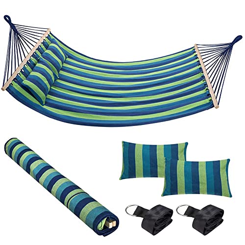 Bakaji Hamac de Jardin Double 2 Places 232 x 148 cm Barres transversales en Bois Revêtement en Poli Coton avec 2 Coussins et Sangles Design Moderne pour...