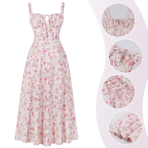 Image of Women Floral Corset Dress 2026 Boho Midi Sundress Summer Dress | Flowy A-Line Dress with Adjustable Spaghetti Straps Lace Up Back Front Slit High Waist for Vacation Wedding Guest