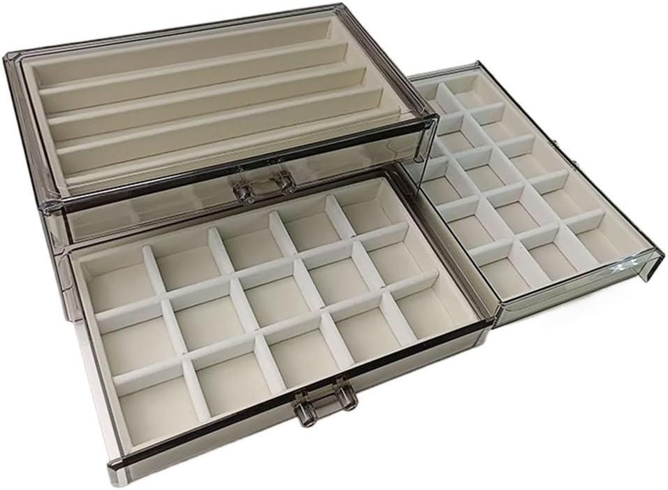 Transparent Gray Acrylic Three-layer Drawer Type Beige Flannel Jewelry Box Set Earrings Necklace Storage(2XL)