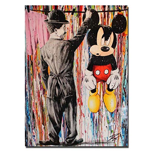 ZSLMX Tableau Banksy Graffiti Peinture Charlie Chaplin coloré Moderne avec emblématique Superman et Mickey Mouse Photos Street Graffiti Art Affiche HD Print Décor Murale, sans Cadre,Gris,70u00d7100cm