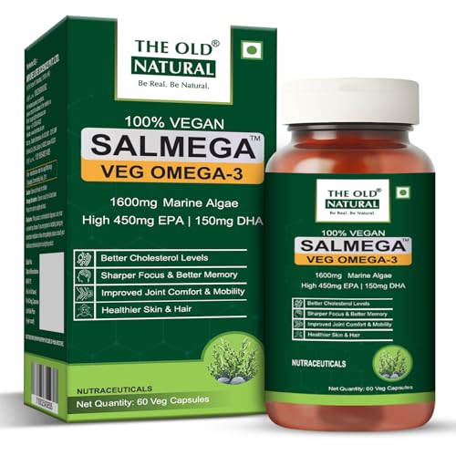 Image of Salmega Veg Omega 3 Algal Oil Capsules - 1600mg Marine Algae Omega (450mg EPA & 150mg DHA) | Plant Based Omega 3 Supplement | Vegetarian DHA for Heart, Brain, Joint & Immunity Support | 60 Veg Capsules