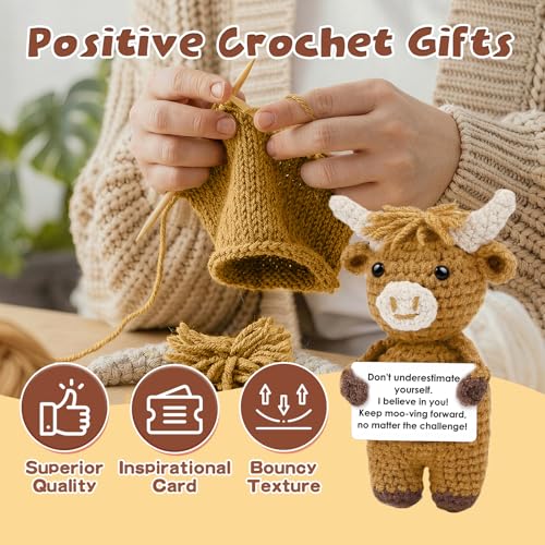 Image of Hoedia Emotional Handmade Highland Cow Crochet Figurines, Positive Crochet Animal & Self-Care Gifts for Women Men Inspirational Desk /Home Decor