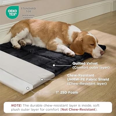 Bedsure Chew Resistant Dog Bed Large Sized Dog - Chew Proof Dog Crate Pad Machine Washable Durable Kennel Mat for Chewers with Reinforced Corners, Black, 35x22 in
