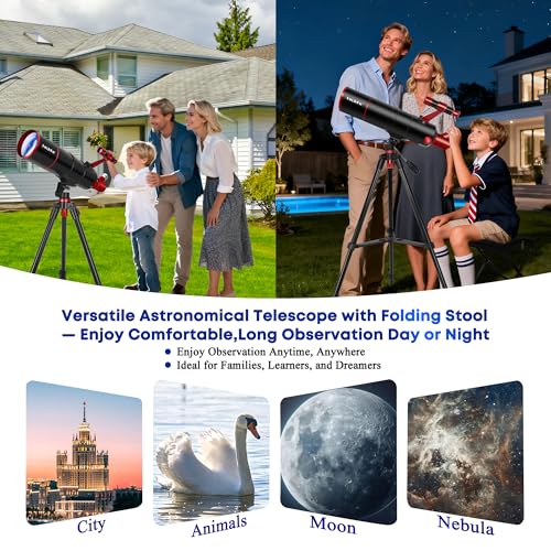 Telescope for Adults High Powered, 90mm Aperture 550mm Professional Telescope for Kids&Beginners with Folding Stool&Tripod&Phone Adapter&Carrying Bag, Portable Travel Refractor Astronomical Telescopes - Image 9