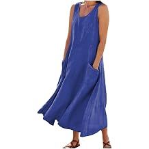FZYLQY Womens Summer Cotton Linen Long Dress Sleeveless Elegant Flowy Sundresses for Women Loose Comfy Dress with Pockets
