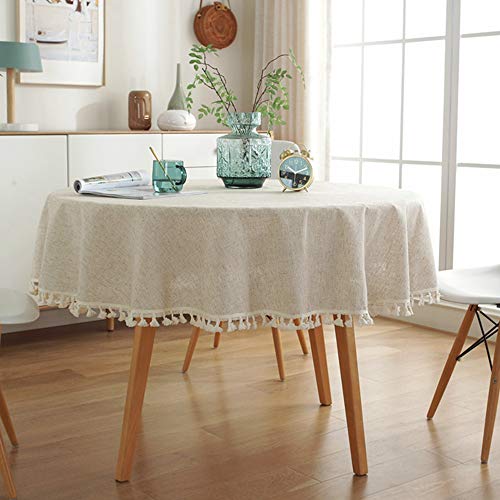 Lahome Solid Color Tassel Tablecloth - Cotton Linen Round Table Cover Kitchen Dining Room Restaurant Party Decoration (Round - 60", Linen) #TOP3