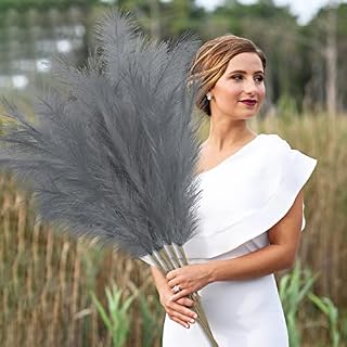 YHmall 5 Pcs Gray Simulated Artificial Pampas Grass, 37.5 inch/96 cm High, Great Drape, Dried Pampas Grass for Indoor and Outdoor, Living Room, Party, Wedding Decoration. Fake Boho Flower.