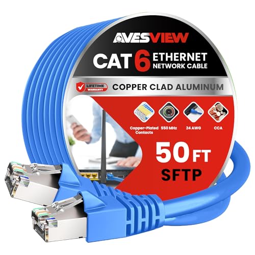 AvesView CAT 6 Shielded Ethernet Cable 50FT, Indoor High-Speed (SFTP) 10Gbps Snagless Shielded 50 FT Ethernet Cable for Internet, Router, Computer, PlayStation, Xbox, POE Camera, Printer - Blue