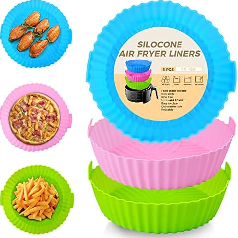 3Pcs Silicone Air Fryer Liner, 7.9" Air Fryer Liners Reusable Silicone Pot, Food Grade Air Fryer Silicone Baking Tray Greaseproof Airfryer Basket Rack Accessories, Compatible with Ninja, Tower, COSORI Cover