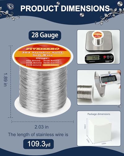 FIVEIZERO 28 Gauge 304 Stainless Steel Wire for Jewelry Making,109yd Stainless Steel Jewelry Wires Thin Metal Craft Wire for Necklace,Bracelet,Earring,Bead Stringing,DIY,Floral and Home Crafts