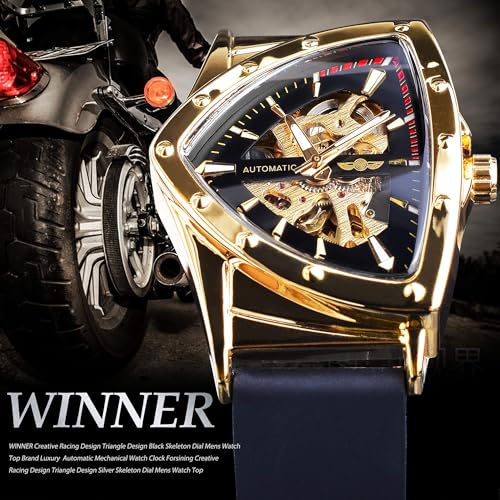Image of FORSINING Silicone,Rubber Mens Winner Gold Skeleton Triangle Watch Man Automatic Wristwatch Luxury Military Mechanical Analog Watches Transparent Cover Outdoor Clock