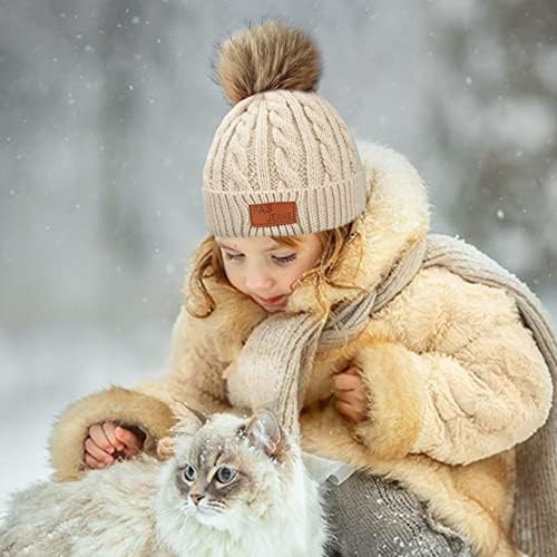 beifon Kids Winter Warm Beanie Hat Scarf Gloves Set Thermal Knit Crochet Thick Fluffy Toddler Cap Pom Pom Bobble Hat with Faux Fur for Girls Boys Children Aged 3-8