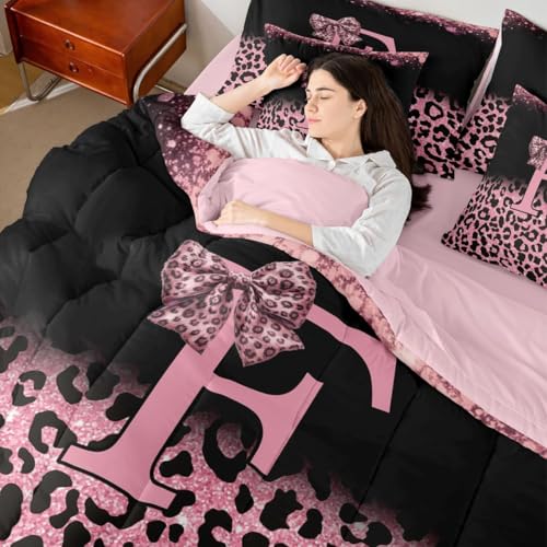 Image of Feelyou Girls Bow Comforter Set with Sheets 7 Piece Full Size Glitter Leopard Print Bed in a Bag Kids Boys Girls Initial Letter F Bedding Set Bedroom Decor Breathable Soft Lightweight Microfiber