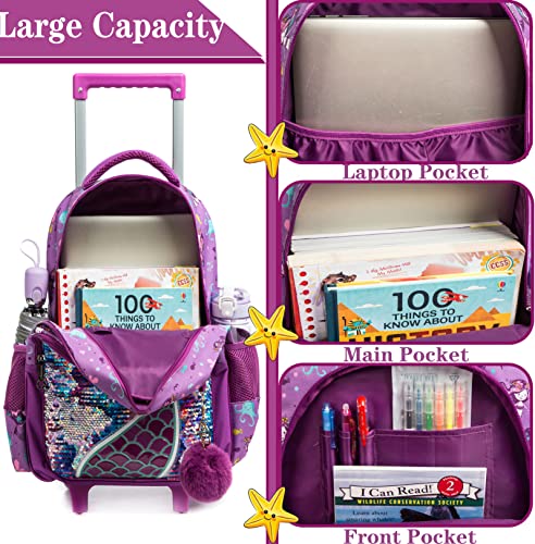 Mermaid Rolling Backpack For Gilrs Backpacks With Wheels For Elementary School Bag Trolley Trips Kids Luggage With Lunch Box For Preschool Students #TOP3